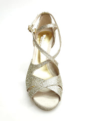 Carica immagine nella Galleria, Brenda Jadore (485 PLT) - Scarpa in Glitter Light Oro Platino Doppio Cinturino Caviglie e Collopiede con Tacco Basso a spillo largo Rivestito Glitter Oro Platino  e Plateau
