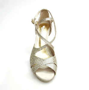 Brenda Jadore (485 PLT) - Scarpa in Glitter Light Oro Platino Doppio Cinturino Caviglie e Collopiede con Tacco Basso a spillo largo Rivestito Glitter Oro Platino  e Plateau