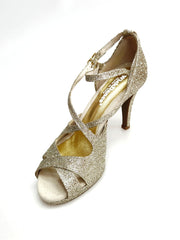 Carica immagine nella Galleria, Brenda Jadore (485 PLT) - Scarpa in Glitter Light Oro Platino Doppio Cinturino Caviglie e Collopiede con Tacco Basso a spillo largo Rivestito Glitter Oro Platino  e Plateau
