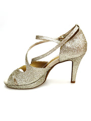 Carica immagine nella Galleria, Brenda Jadore (485 PLT) - Scarpa in Glitter Light Oro Platino Doppio Cinturino Caviglie e Collopiede con Tacco Basso a spillo largo Rivestito Glitter Oro Platino  e Plateau
