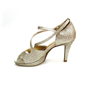 Brenda Jadore (485 PLT) - Scarpa in Glitter Light Oro Platino Doppio Cinturino Caviglie e Collopiede con Tacco Basso a spillo largo Rivestito Glitter Oro Platino  e Plateau