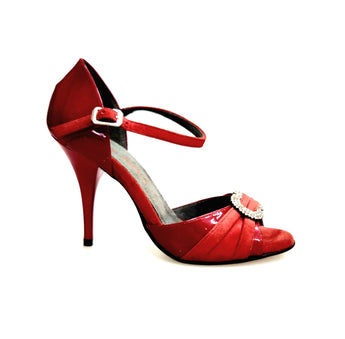 GILDA SW  F.626  (R.L. by WISHDANCE) -  Sandalo da Donna in Pelle di Vernice Rossa Camoscio Rosso con Gioiello Swarovski Kristall incastonato Tacco a Spillo Smaltato Rosso