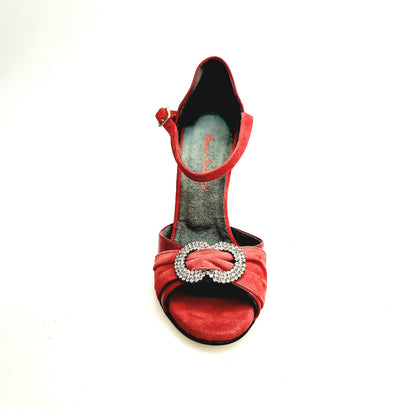 Sandalo donna Wish Dance Gilda SW F.626 in pelle di vernice rossa, camoscio rosso, con gioiello Swarovski e tacco a spillo smaltato