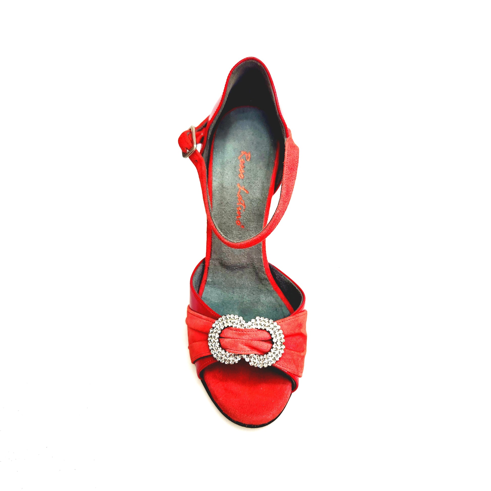 Sandalo da donna Gilda SW F.626 in pelle di vernice rossa e camoscio con gioiello Swarovski, tacco a spillo smaltato rosso.