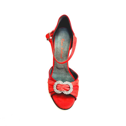 Sandalo da donna Gilda SW F.626 in pelle di vernice rossa e camoscio con gioiello Swarovski, tacco a spillo smaltato rosso.