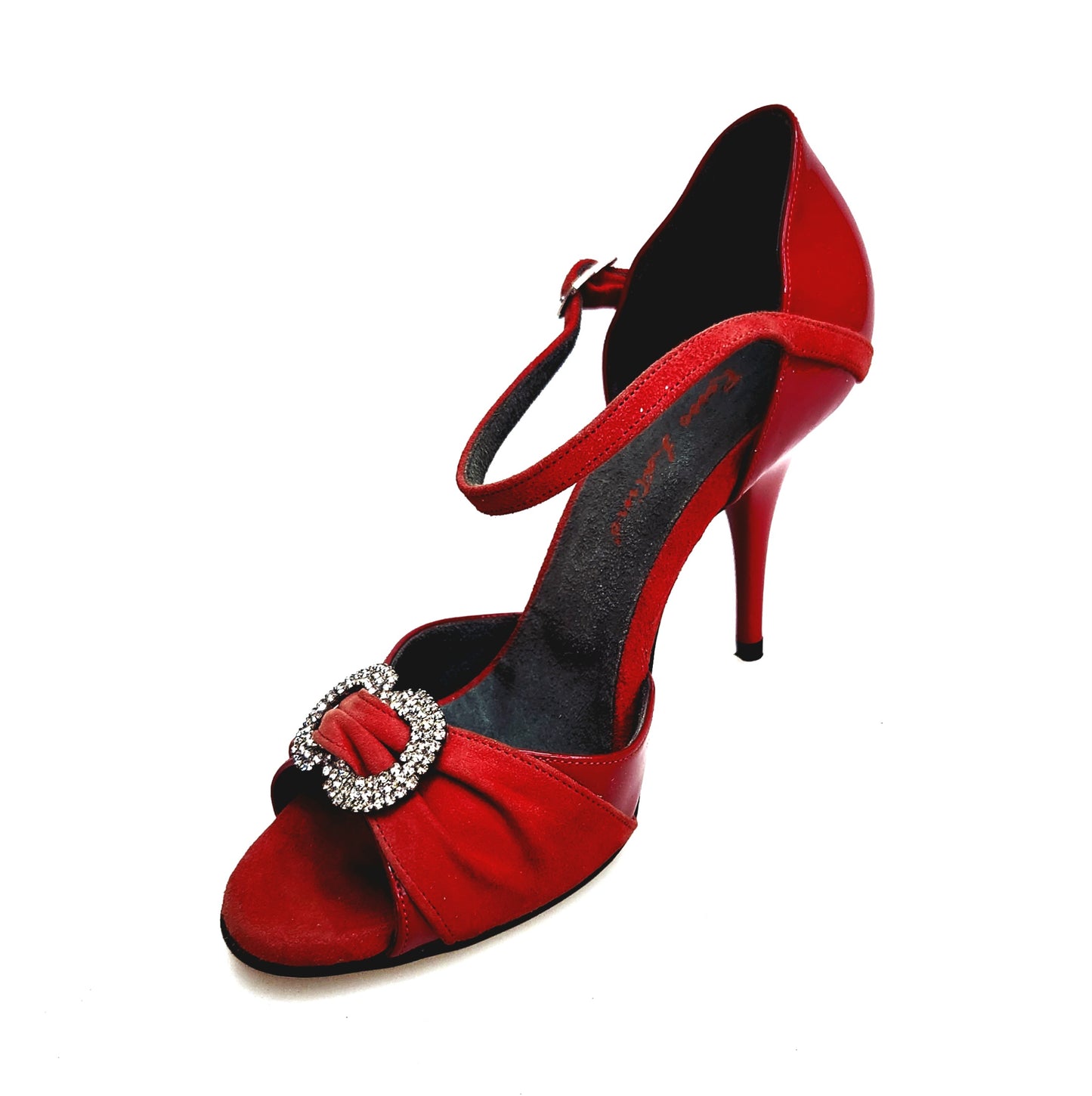 Sandalo donna Wish Dance GILDA SW F.626 in pelle di vernice rossa, camoscio rosso, gioiello Swarovski e tacco a spillo smaltato rosso