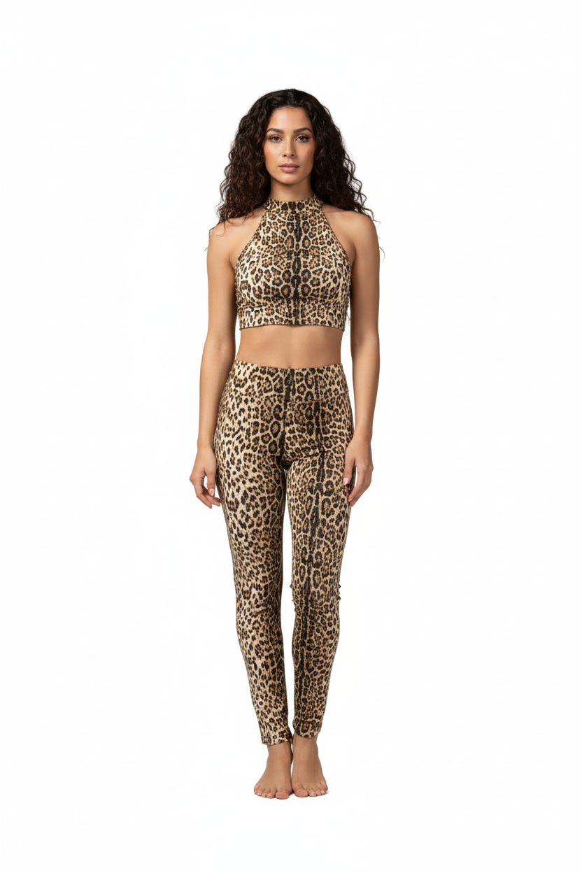Completo leggings e top in microfibra leopardata beige, traspirante e bielastico, per fitness e danza, marca Wish Dance Shop.