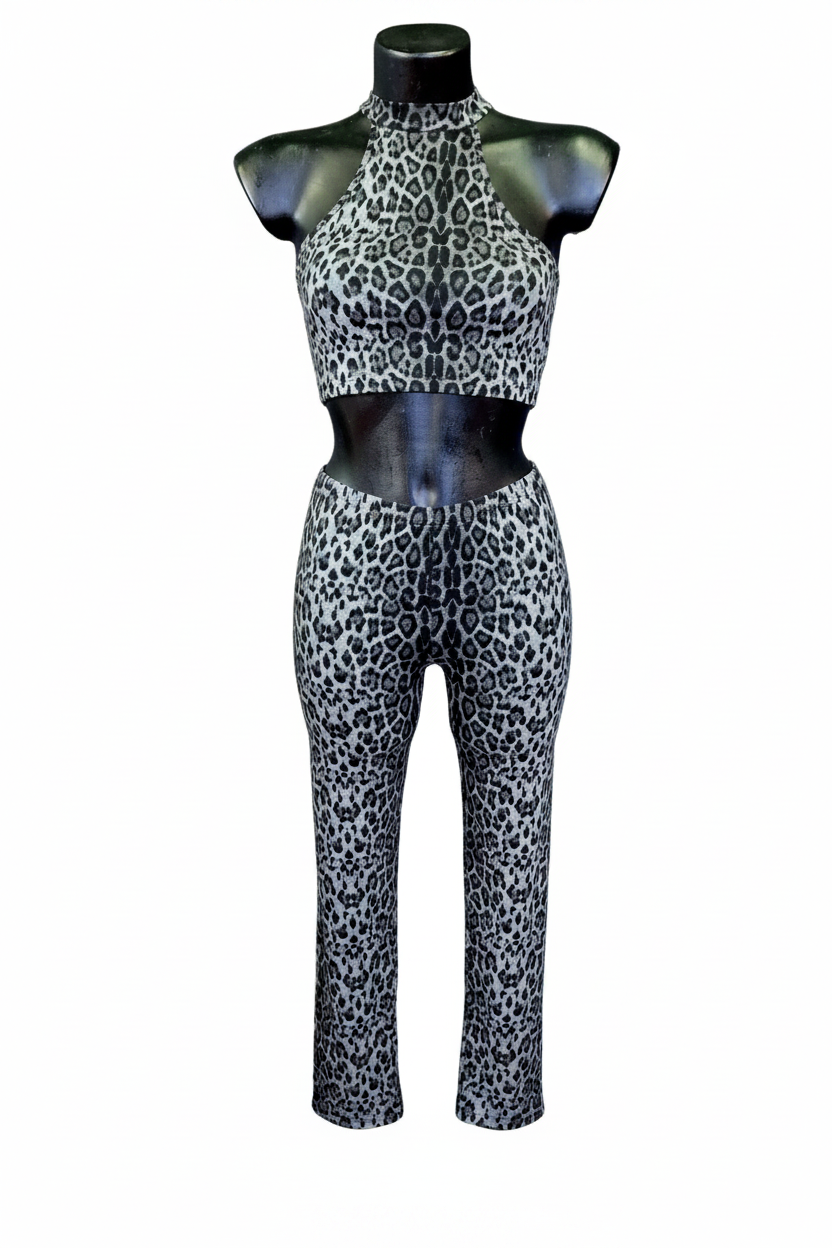 RUGGITO (Rm/Cn)- Conjunto de leggings y top de microfibra transpirable, anti-sudor, bielástico, cortado a láser, estampado de leopardo beige