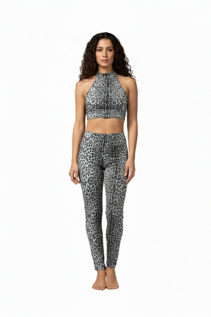 RUGGITO (Rm/Cn)- Conjunto de leggings y top de microfibra transpirable, anti-sudor, bielástico, cortado a láser, estampado de leopardo beige