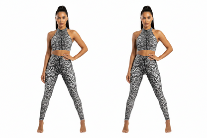 RUGGITO (Rm/Cn)- Conjunto de leggings y top de microfibra transpirable, anti-sudor, bielástico, cortado a láser, estampado de leopardo beige