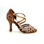 Carica immagine nella Galleria, CAROLIN QC (Marea L14) - Scarpa Da Donna Bi-Flex in Raso Seta Bronzo Con Swarovski Boreali e Tacco a Rocchetto/Slim Latino Alto
