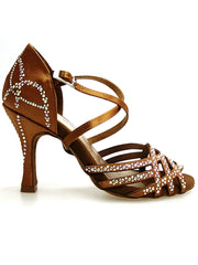 Carica immagine nella Galleria, CAROLIN QC (Marea L14) - Scarpa Da Donna Bi-Flex in Raso Seta Bronzo Con Swarovski Boreali e Tacco a Rocchetto/Slim Latino Alto
