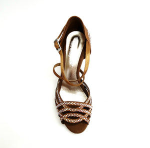 CAROLIN QC (Marea L14) - Scarpa Da Donna Bi-Flex in Raso Seta Bronzo Con Swarovski Boreali e Tacco a Rocchetto/Slim Latino Alto