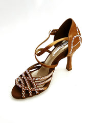 Carica immagine nella Galleria, CAROLIN QC (Marea L14) - Scarpa Da Donna Bi-Flex in Raso Seta Bronzo Con Swarovski Boreali e Tacco a Rocchetto/Slim Latino Alto
