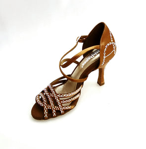 CAROLIN QC (Marea L14) - Scarpa Da Donna Bi-Flex in Raso Seta Bronzo Con Swarovski Boreali e Tacco a Rocchetto/Slim Latino Alto