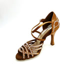 Carica immagine nella Galleria, CAROLIN QC (Marea L14) - Scarpa Da Donna Bi-Flex in Raso Seta Bronzo Con Swarovski Boreali e Tacco a Rocchetto/Slim Latino Alto
