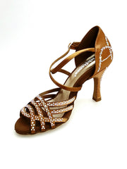 Carica immagine nella Galleria, CAROLIN QC (Marea L14) - Scarpa Da Donna Bi-Flex in Raso Seta Bronzo Con Swarovski Boreali e Tacco a Rocchetto/Slim Latino Alto
