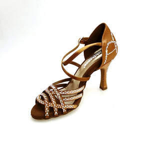 CAROLIN QC (Marea L14) - Scarpa Da Donna Bi-Flex in Raso Seta Bronzo Con Swarovski Boreali e Tacco a Rocchetto/Slim Latino Alto