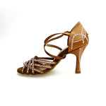 Carica immagine nella Galleria, CAROLIN QC (Marea L14) - Scarpa Da Donna Bi-Flex in Raso Seta Bronzo Con Swarovski Boreali e Tacco a Rocchetto/Slim Latino Alto
