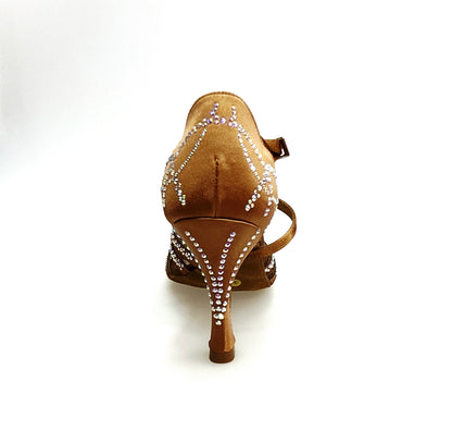 Scarpa da donna Carolin QC Wish Dance Shop in raso seta bronzo con Swarovski Boreali e tacco a rocchetto slim alto