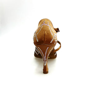 CAROLIN QC (Marea L14) - Scarpa Da Donna Bi-Flex in Raso Seta Bronzo Con Swarovski Boreali e Tacco a Rocchetto/Slim Latino Alto