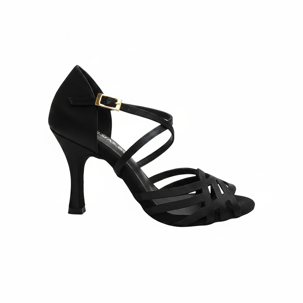 Scarpa da donna Linea Tecnica Bi-Flex Carolin SS QC in raso seta bronzo tan con tacco slim latino alto, dettaglio elegante.