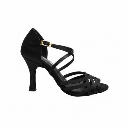 Scarpa da donna Linea Tecnica Bi-Flex Carolin SS QC in raso seta bronzo tan con tacco slim latino alto, dettaglio elegante.