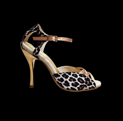Sandalo donna Morgane Scarlett (691) in seta laserato leopardato bianco con cinturini, lurex oro e tacco a spillo laminato oro.