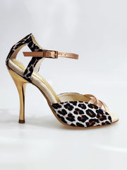 Carica immagine nella Galleria, Morgane Scarlett (691) - Sandalo da Donna in Seta Laserato Leopardo Bianco con Fascette Cinturino e Tallone in Lurex Color Oro Ramato e Tacco a Spillo Laminato Oro Ramato