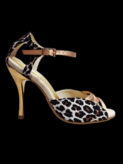 Carica immagine nella Galleria, Morgane Scarlett (691) - Sandalo da Donna in Seta Laserato Leopardo Bianco con Fascette Cinturino e Tallone in Lurex Color Oro Ramato e Tacco a Spillo Laminato Oro Ramato