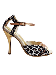 Carica immagine nella Galleria, Morgane Scarlett (691) - Sandalo da Donna in Seta Laserato Leopardo Bianco con Fascette Cinturino e Tallone in Lurex Color Oro Ramato e Tacco a Spillo Laminato Oro Ramato