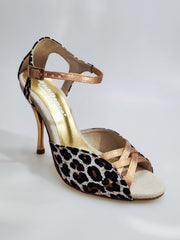 Carica immagine nella Galleria, Morgane Scarlett (691) - Sandalo da Donna in Seta Laserato Leopardo Bianco con Fascette Cinturino e Tallone in Lurex Color Oro Ramato e Tacco a Spillo Laminato Oro Ramato