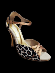 Carica immagine nella Galleria, Morgane Scarlett (691) - Sandalo da Donna in Seta Laserato Leopardo Bianco con Fascette Cinturino e Tallone in Lurex Color Oro Ramato e Tacco a Spillo Laminato Oro Ramato
