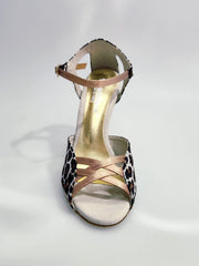 Carica immagine nella Galleria, Morgane Scarlett (691) - Sandalo da Donna in Seta Laserato Leopardo Bianco con Fascette Cinturino e Tallone in Lurex Color Oro Ramato e Tacco a Spillo Laminato Oro Ramato