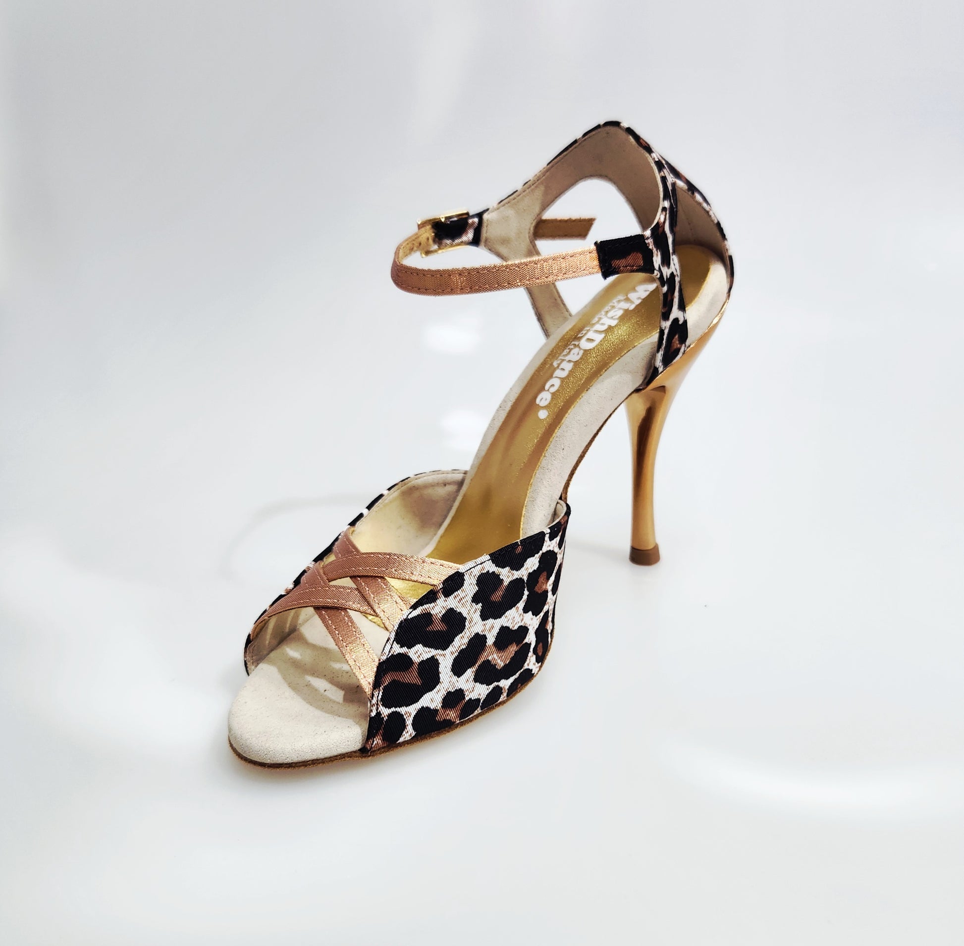 Sandalo da donna Morgane Scarlett in seta laserato leopardato bianco con cinturini, tacco a spillo oro ramato e dettagli lurex oro ramato.