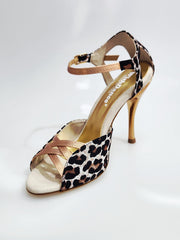 Carica immagine nella Galleria, Morgane Scarlett (691) - Sandalo da Donna in Seta Laserato Leopardo Bianco con Fascette Cinturino e Tallone in Lurex Color Oro Ramato e Tacco a Spillo Laminato Oro Ramato