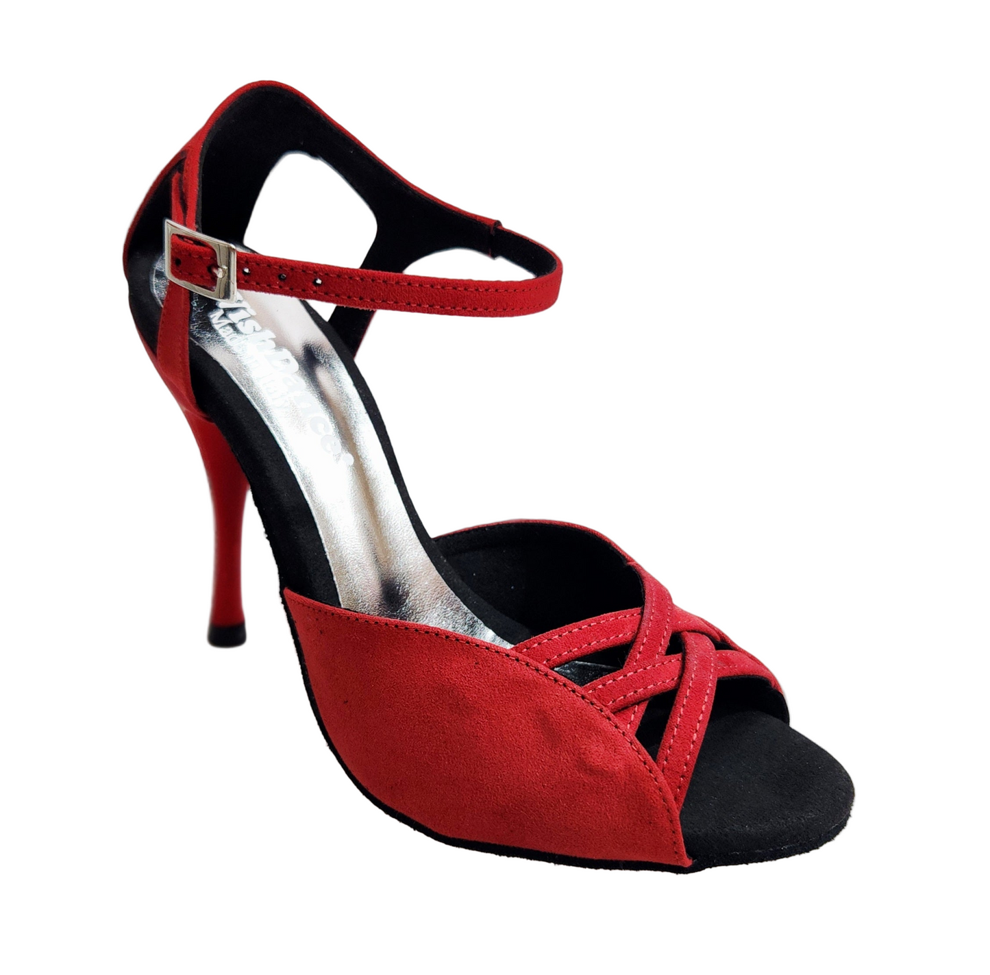 Sandalo donna Morgane Scarlett in camoscio rosso con fascette e tacco a spillo smaltato rosso, effetto gommato, dettaglio elegante