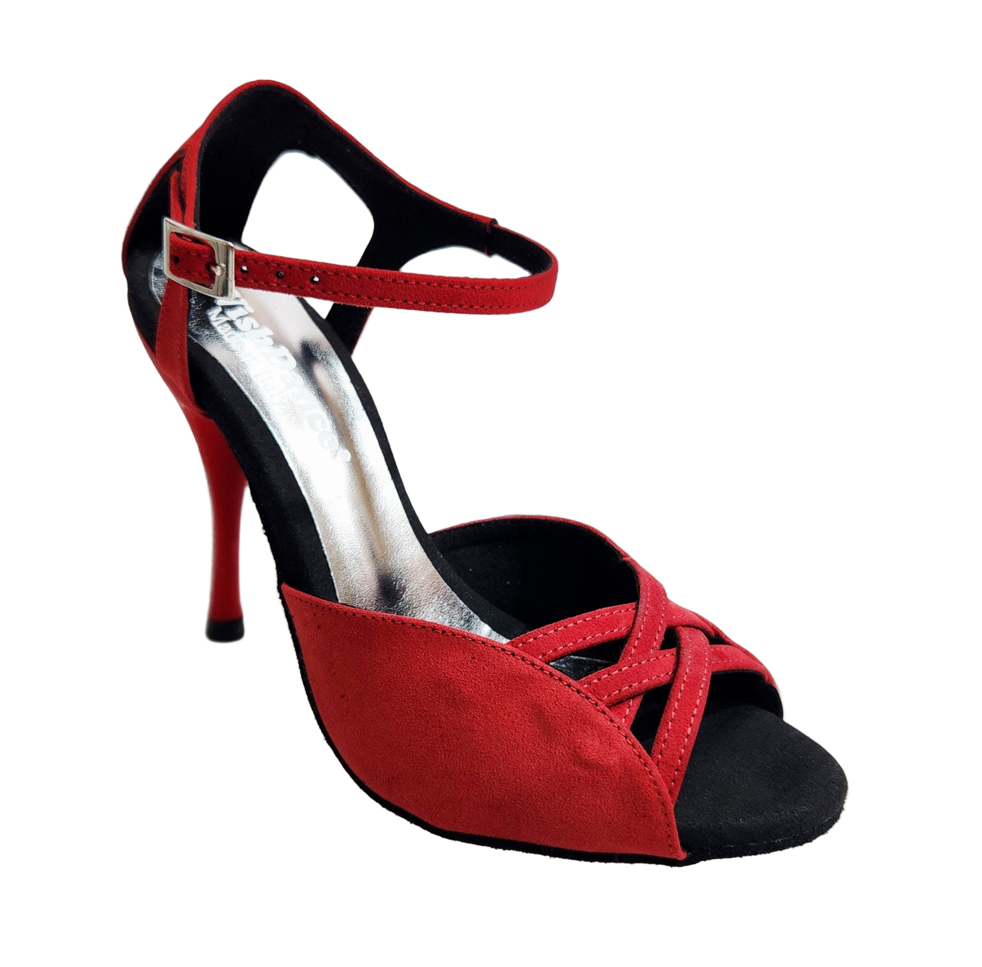 Sandalo donna Morgane Scarlett in camoscio rosso con fascette e tacco a spillo smaltato rosso, effetto gommato, dettaglio elegante