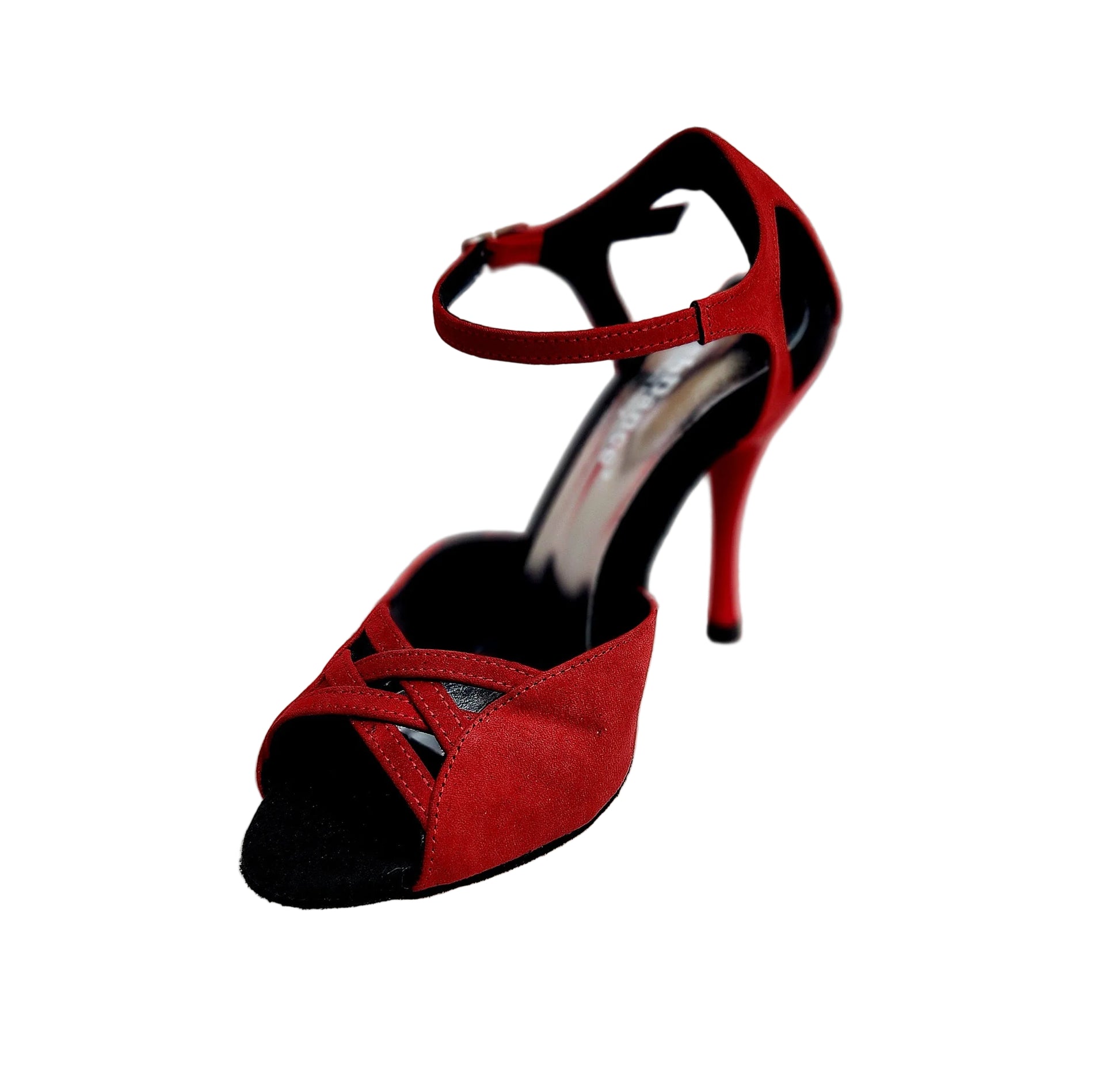 Sandalo donna Morgane Scarlett in camoscio rosso con fascette e tacco a spillo smaltato, effetto gommato, dettaglio elegante