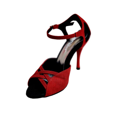 Sandalo donna Morgane Scarlett in camoscio rosso con fascette e tacco a spillo smaltato, effetto gommato, dettaglio elegante