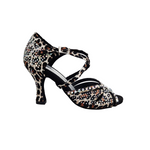 Carica immagine nella Galleria, SAMIRA (L19) - Scarpa da Ballo in Raso Seta Laserata Disegno Leopardo Bianco Con Swarovski Boreali e Tacco a Rocchetto
