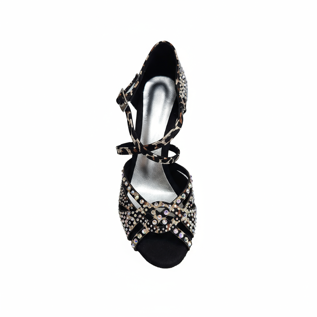 Scarpa da ballo SAMIRA (L19) Wish Dance Shop in raso seta laserato con stampa leopardo bianco, Swarovski Boreali e tacco a rocchetto