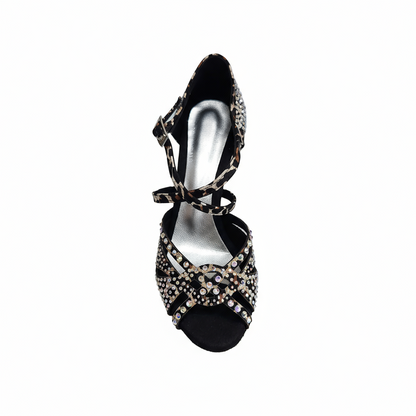 Scarpa da ballo SAMIRA (L19) Wish Dance Shop in raso seta laserato con stampa leopardo bianco, Swarovski Boreali e tacco a rocchetto