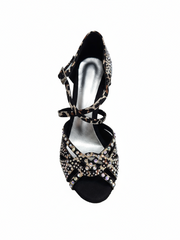 Carica immagine nella Galleria, SAMIRA (L19) - Scarpa da Ballo in Raso Seta Laserata Disegno Leopardo Bianco Con Swarovski Boreali e Tacco a Rocchetto
