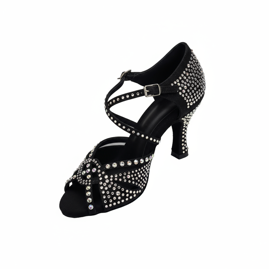 Scarpa da ballo Samira (L19) in raso seta laserata con stampa leopardo bianco, Swarovski Boreali e tacco a rocchetto.