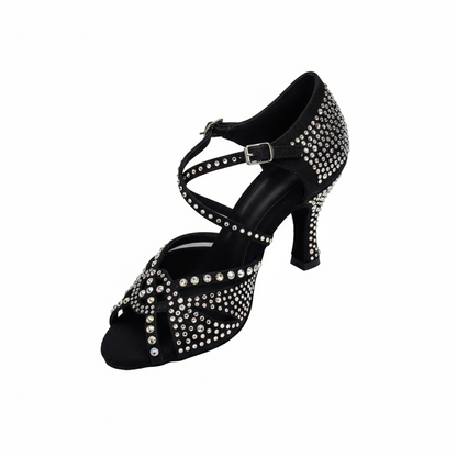 Scarpa da ballo Samira (L19) in raso seta laserata con stampa leopardo bianco, Swarovski Boreali e tacco a rocchetto.