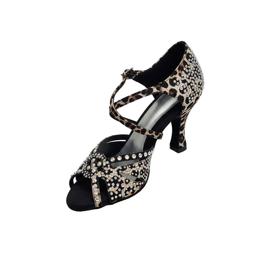 Scarpa da ballo Samira L19 in raso seta laserato con disegno leopardo bianco, Swarovski Boreali e tacco a rocchetto, Wish Dance Shop