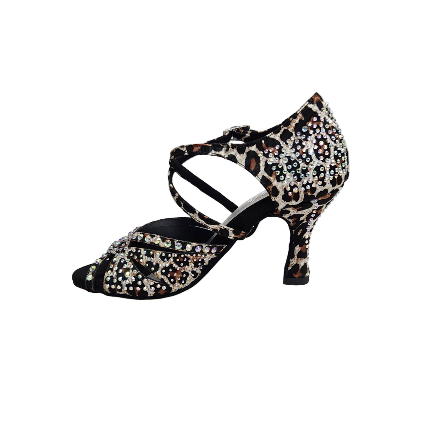 Scarpa da ballo SAMIRA (L19) in raso seta laserato con stampa leopardo bianco, Swarovski Boreali e tacco a rocchetto.