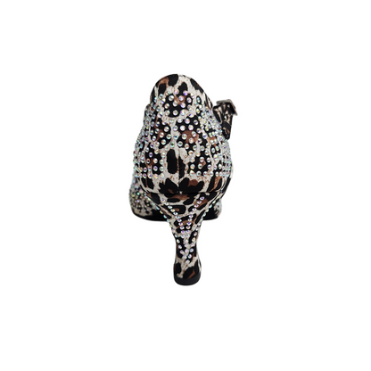 Scarpa da ballo SAMIRA (L19) in raso seta laserato con disegno leopardato bianco, Swarovski Boreali e tacco a rocchetto