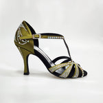 Load image into Gallery viewer, ALESSIA Superb (accollata) L1 - Scarpa da Ballo in Raso Seta Verde Oliva con Swarovski Boreali e Tacco a Rocchettino
